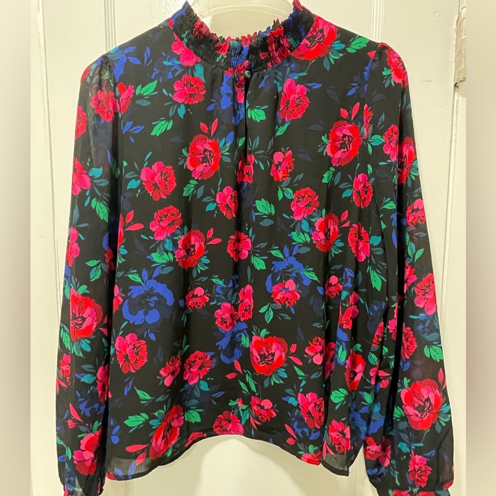 J. Crew Black Blouse with Red and Blue Floral Pattern